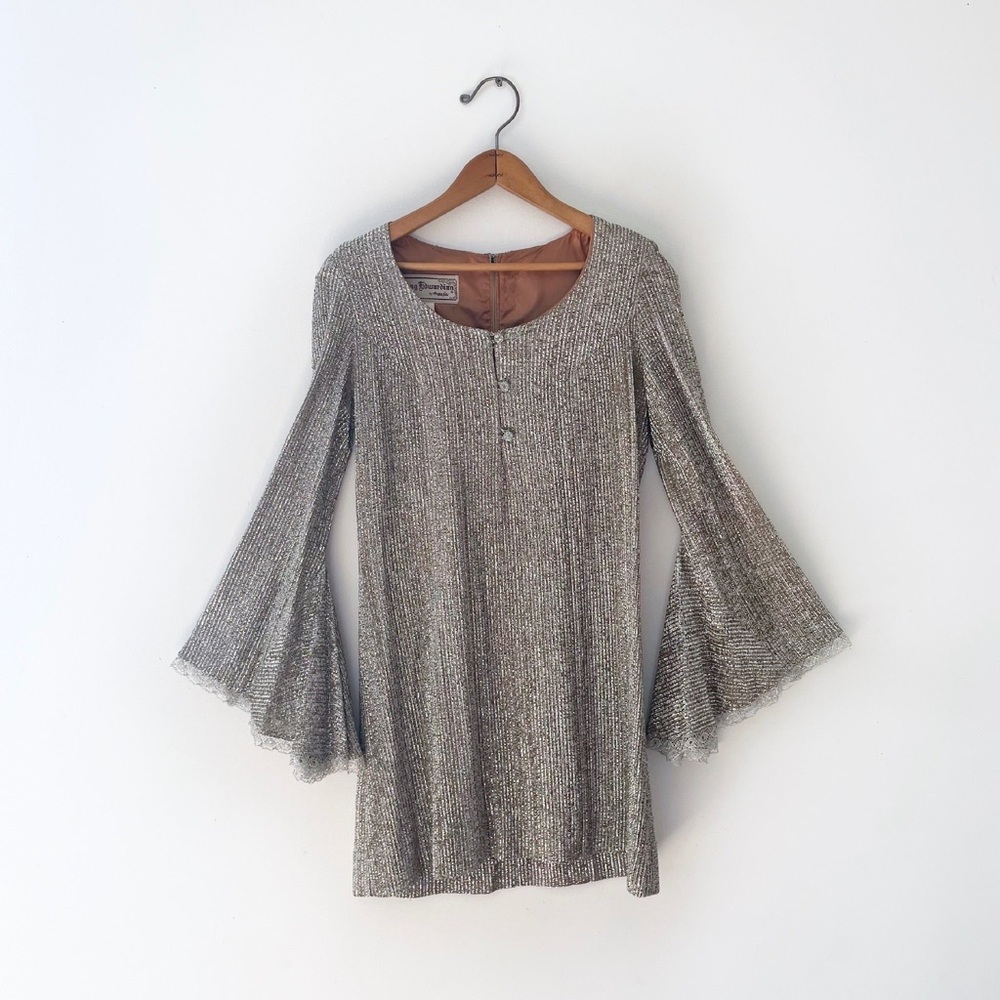 Vintage 60s 70s Silver Lurex Metallic Mini Dress with Bell Mod Trumpet Sleeves M